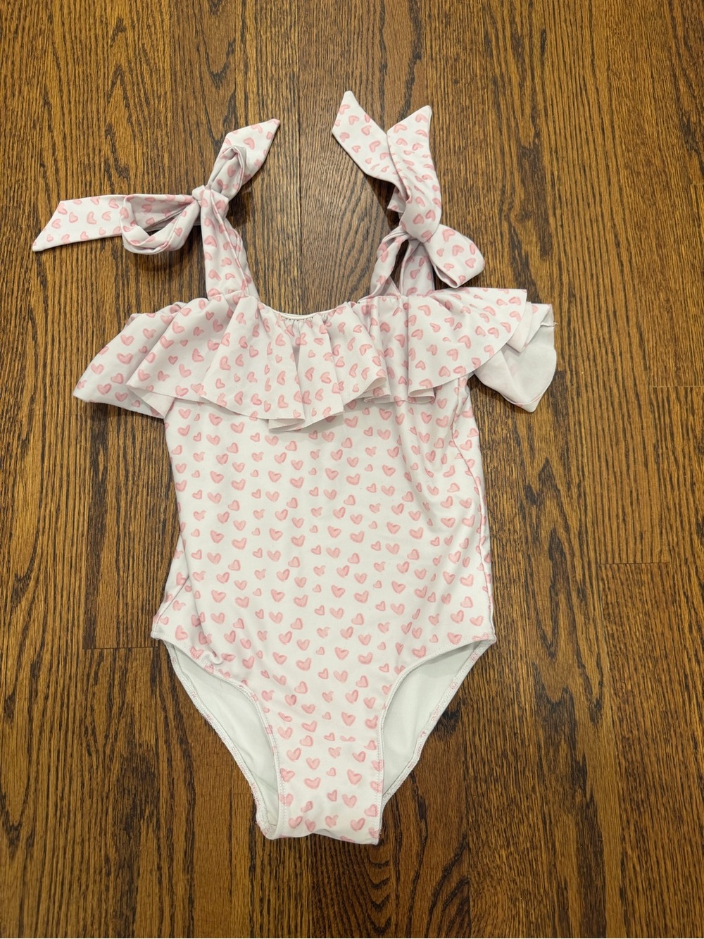 Girls Heart-Print Pink Ruffle One-Piece Swimsuit with Tie Straps